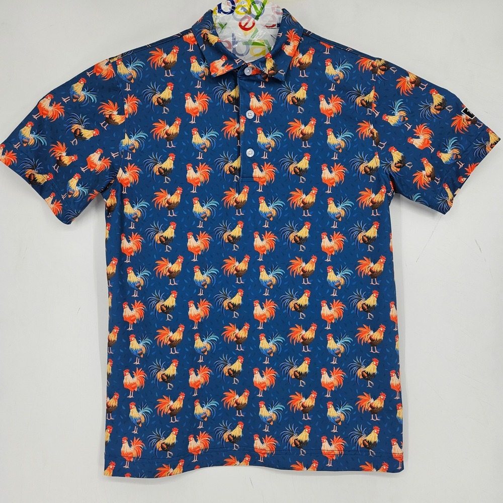 Waggle Polo Shirt Mens Small Cocky Rooster AOP Golf Performance Short Sleeve